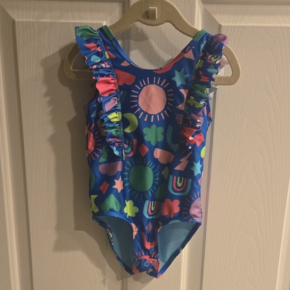 Okie Dokie One Piece Swimsuit Blue and Pink Ruffled Design